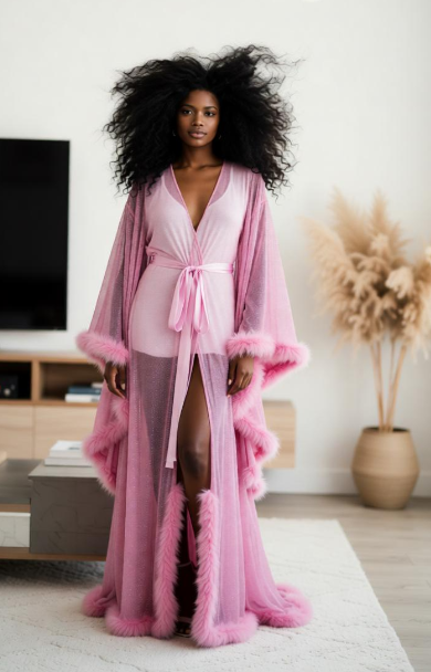 Sheer Lingerie Robe with Feather Trim