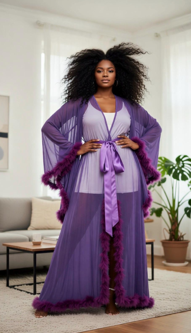 Sheer Lingerie Robe with Feather Trim